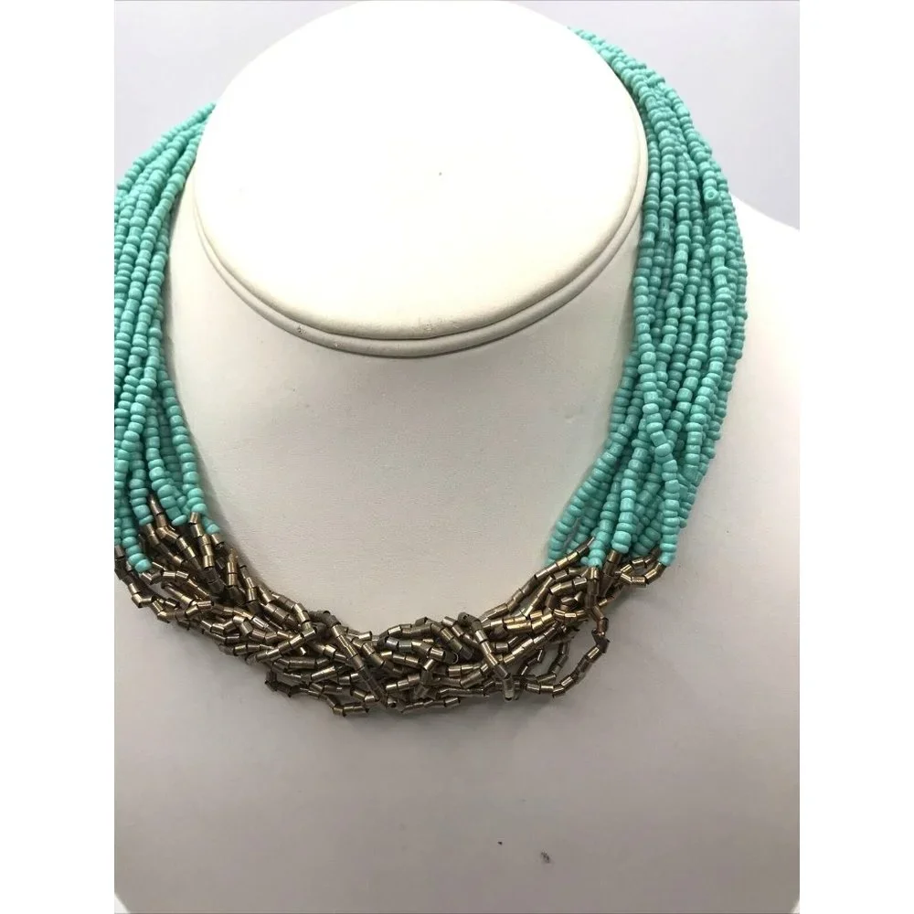 Teal‎ Turquoise Blue Seed Bead Multi Strand and Gold Tone 17